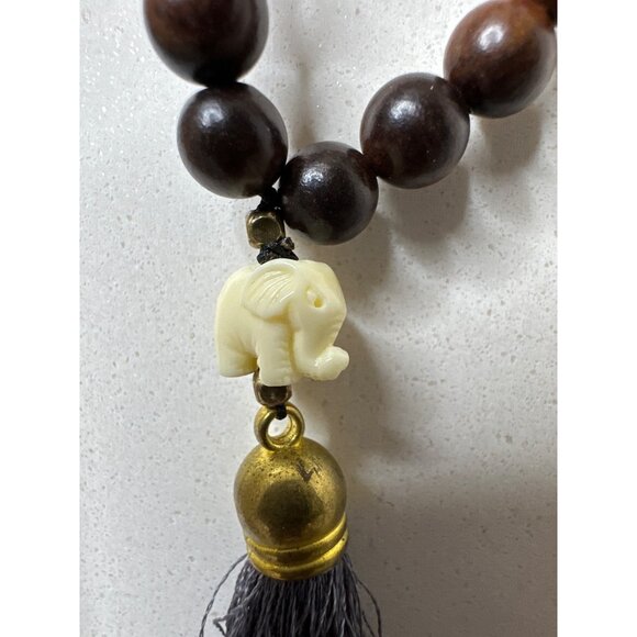 Boho Handcrafted Wooden Bead Necklace w/ Elephant Charm & Tassel Womens Fashion - Picture 2 of 7